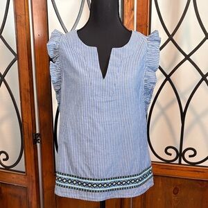 Vineyard Vines Blue & White Striped Ruffle Sleeve Tank with Embroidered Hem